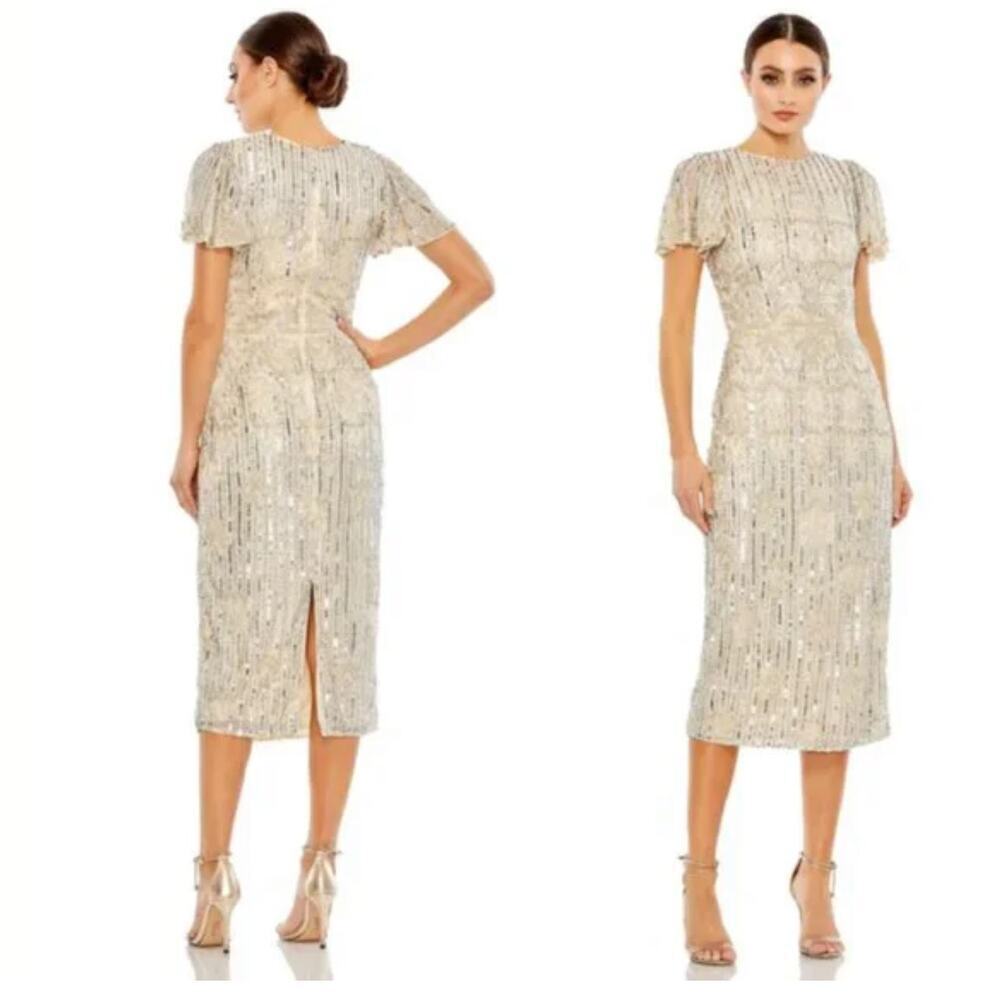 Mac Duggal Embellished Sequined Knee-Length Dress Nude Silver Size 6 NWT